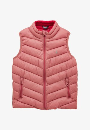 Rosa gesteppte ärmellose Weste mit Frontreißverschluss und seitlichen Reißverschlusstaschen, mit hohem Kragen und Chevron-Steppmuster.