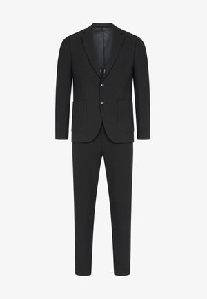 Costume homme noir deux pièces avec blazer à revers cranté, deux boutons et poches plaquées, associé à un pantalon droit assorti.