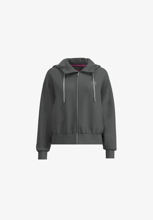 Donkergrijze hoodie met ritssluiting, trekkoorden, geribbelde boorden en zoom, en een klein rond logo op de linkerborst.