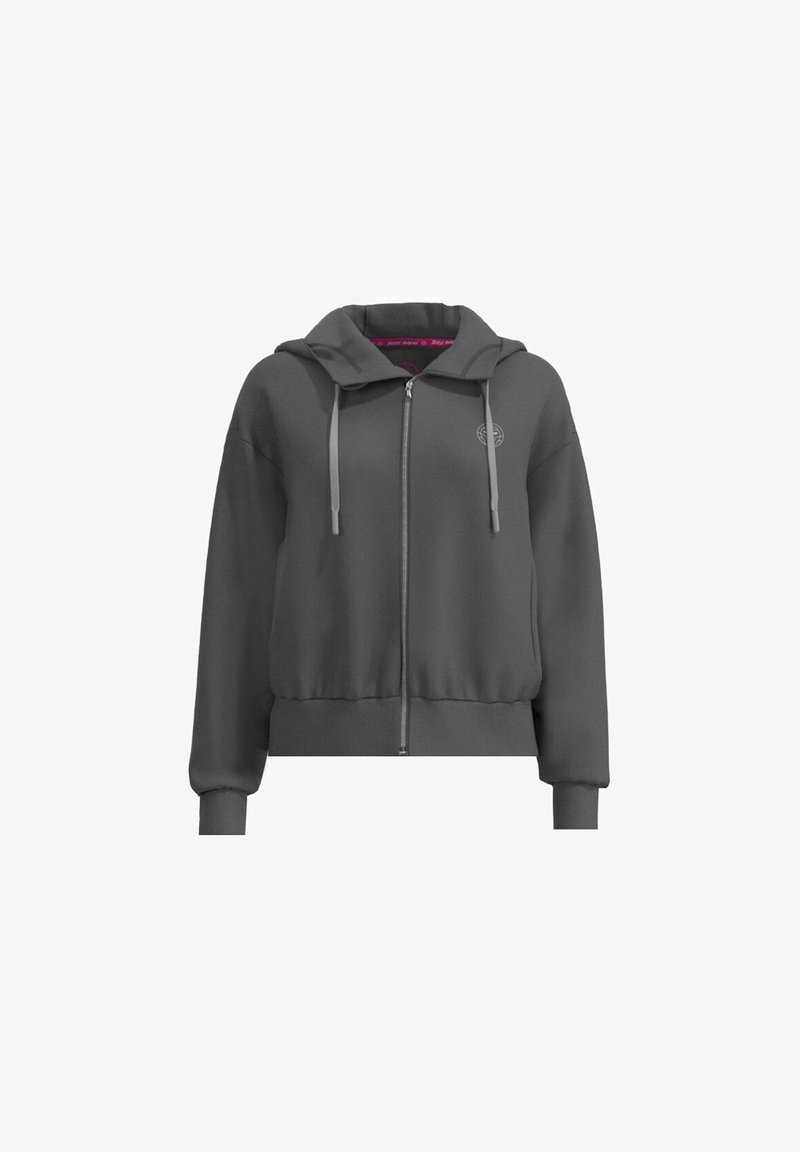 Sweat à capuche zippé gris foncé avec cordons, poignets et ourlet côtelés, et un petit logo circulaire sur la poitrine gauche.