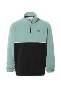 Fleece pullover in teal and black, featuring a quarter-zip collar, white horizontal stripe, and TOG24 logo on the upper left side.