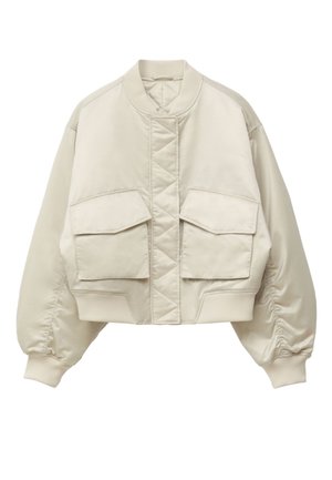 Beige cropped bomberjakke med quiltet frontpanel, ribbet krave og manchetter samt to store klaplommer foran.