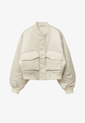 Beige cropped bomberjakke med quiltet frontpanel, ribbet krave og manchetter samt to store klaplommer foran.