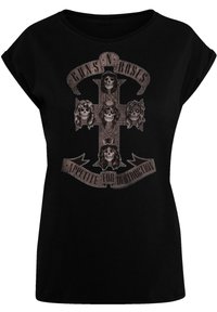 Schwarzes Baumwoll-T-Shirt mit einem grafischen Design eines Kreuzes, das Schädelillustrationen zeigt, sowie dem Text "Guns N' Roses" in vintage-artiger Schrift.