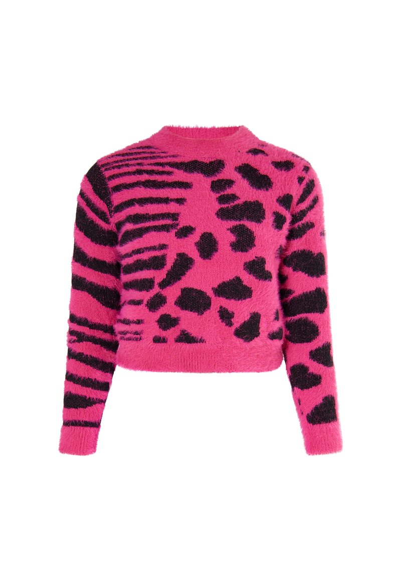 Luddig, avskuren tröja i klargul rosa med svarta djurmönster, rund halsringning och långa ärmar, strukturerad tyg.