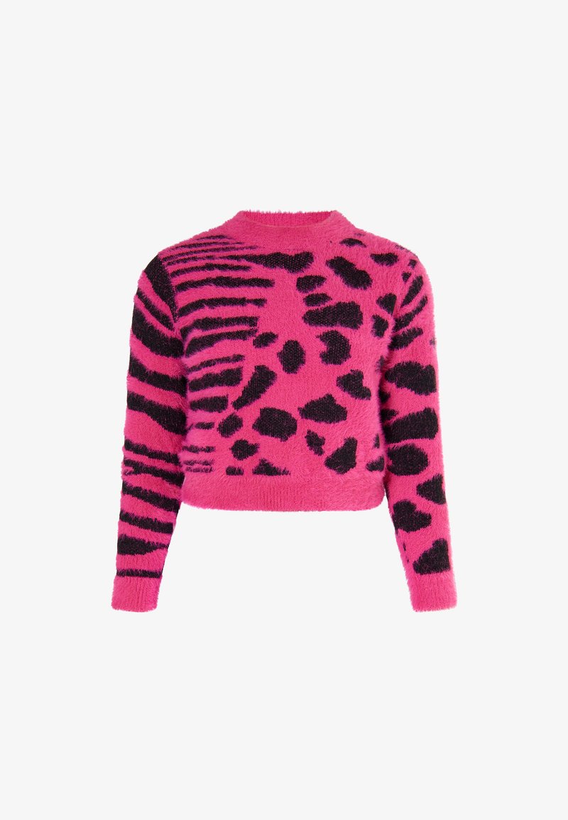 Neryškus, apkirptas megztinis ryškiai rožinės spalvos su juodais gyvūnų rašto raštais, su apvaliu kaklu ir ilgomis rankovėmis, tekstūruota medžiaga.