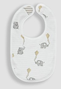 Bibs med et gråt elefantprint på en hvid baggrund, med lysegrå og beige detaljer; blødt stof med rund halsudskæring.