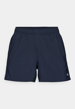 Navy blue shorts made of lightweight fabric, featuring an elastic waistband, side pleats, and a small logo on the lower left side.
