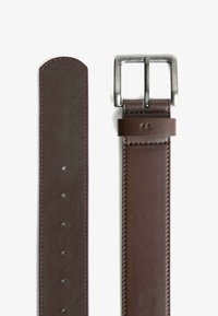 Brown leather belt with a rectangular metallic buckle. Features a smooth texture, stitching accent, and multiple adjustment holes.