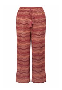 Röda byxor med zick-zack-mönster, elastisk midja och dekorativa fransar, tillverkade av ett mjukt och lätt tyg. Flared ben-design.