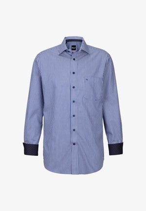 Gestreiftes Langarmhemd in Blau und Weiß mit klassischem Kragen, Knopfleiste und dunkel gemusterten Manschetten. Verfügt über eine Brusttasche.
