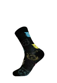 Svart ankelstrumpa med färgglada kattansikten i blått, gult och rosa. Tillverkad av mjukt material med en slät yta.