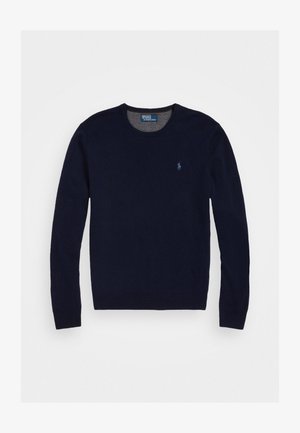 Navy blue crewneck sweater made from a soft knit fabric. Features long sleeves and a small embroidered logo on the left chest.