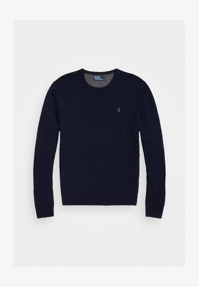 Navy blue crewneck sweater made from a soft knit fabric. Features long sleeves and a small embroidered logo on the left chest.