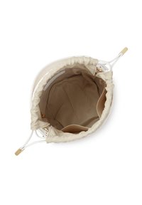 Pochette en tissu beige avec cordons blancs à embouts dorés, montrant l'intérieur vide et des poches latérales.