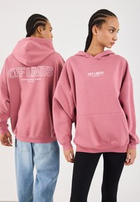 To personer med flettede frisyrer iført rosa hettegensere som sier "OFF LIMITS DANGEROUS AREA" i et studio med en enkel hvit bakgrunn.