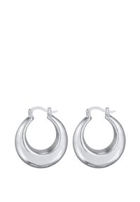 Silberne Creolen mit einer Halbmondform, glänzender Oberfläche und transparenten Verschlüssen. Das Design ist schlank und modern.