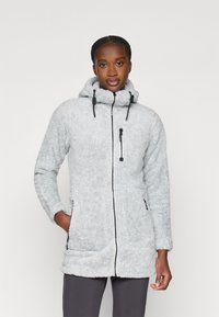 Cappotto lungo grigio chiaro, peloso, con zip frontale, cappuccio con coulisse, due tasche laterali e una piccola tasca sul petto. Materiale testurizzato con una finitura morbida.