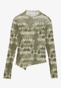 Long-sleeve top in olive green with a tie-dye pattern, featuring a scalloped neckline and hem, and an asymmetrical design.