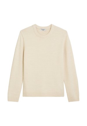 Beżowy sweter wykonany z miękkiej dzianiny. Posiada okrągły dekolt oraz ściągacze przy mankietach i na hemie. Klasyczny, prosty fason o minimalnym designie.