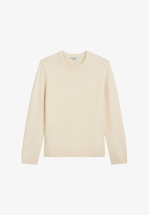 Beżowy sweter wykonany z miękkiej dzianiny. Posiada okrągły dekolt oraz ściągacze przy mankietach i na hemie. Klasyczny, prosty fason o minimalnym designie.