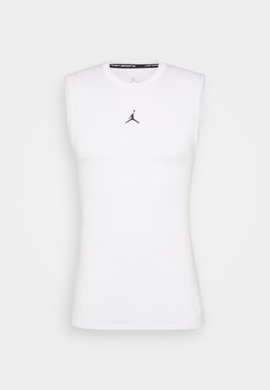 Top atlético branco sem mangas, feito de tecido liso, apresentando um logótipo preto da Jordan ao centro e uma etiqueta preta na gola.
