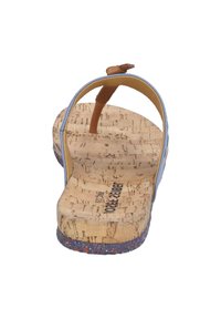 Cork wedge sandal with a blue strap and a brown leather toe post. The textured cork footbed shows an identifiable brand logo.