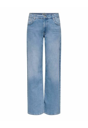 Jasnoniebieskie szerokie dżinsy wykonane z denimu, z pięcioma kieszeniami i zapięciem na guzik w talii. Gładka tekstura, casualowy styl.