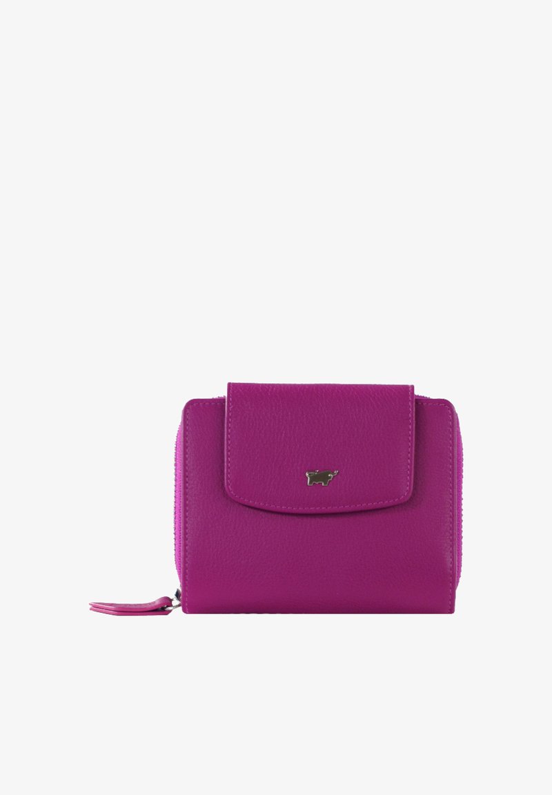 Magenta Lederbörse mit strukturiertem Finish, ausgestattet mit einem Frontklappe, einem silbernen Logoakzent und einem Reißverschluss an der Seite. Kompaktes Design.