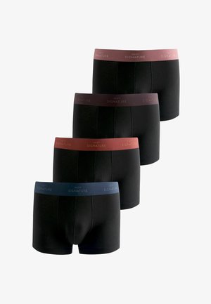 Vier schwarze Boxer-Shorts für Männer mit elastischen Bündchen in verschiedenen Farben, jeweils mit dem Schriftzug "NEXT SIGNATURE" versehen, vor weißem Hintergrund dargestellt.