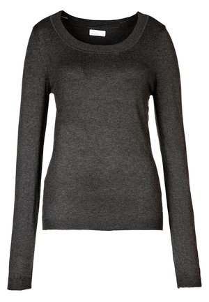 Pull en maille gris foncé à manches longues avec col rond et poignets et ourlet côtelés, présenté sur fond blanc.
