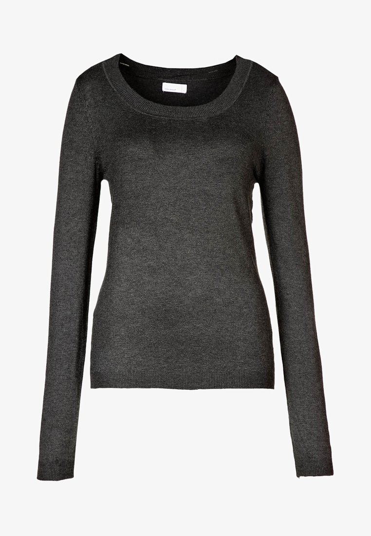 Pull en maille gris foncé à manches longues avec col rond et poignets et ourlet côtelés, présenté sur fond blanc.