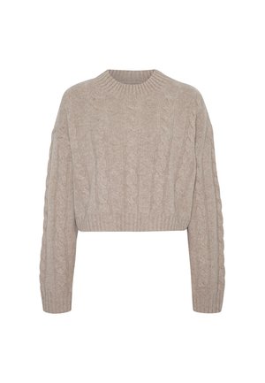 Beige kabelgebreide cropped trui met lange mouwen en geribbelde ronde halslijn, manchet en zoom.