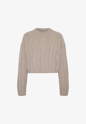 Beige kabelgebreide cropped trui met lange mouwen en geribbelde ronde halslijn, manchet en zoom.