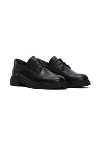 Schwarze Lederschuhe mit glatter Oberfläche, runder Zehenform und Schnürdesign. Sie verfügen über eine dicke Gummisohle und gestickte Details entlang der Kante.
