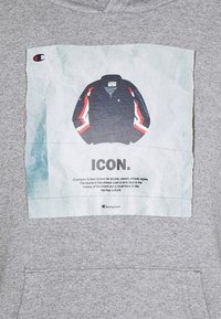 Felpa grigia con cappuccio caratterizzata da una stampa grafica di una giacca sportiva blu navy e rossa, con testo che evidenzia il marchio e il significato culturale.