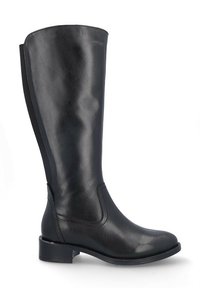 Bota de cuero negro hasta la rodilla, con un acabado suave, tacón apilado y paneles laterales de elastano para mayor facilidad al ponérselas. Diseño minimalista, sin adornos.
