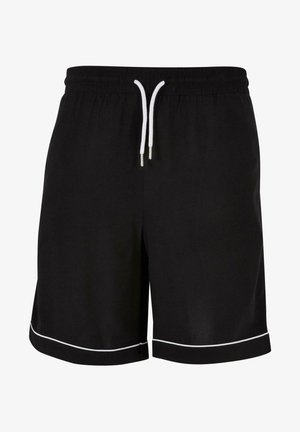 Schwarze Shorts mit Kordelzug und elastischem Bund, die weiße Paspeln am Saum haben. Hergestellt aus einem leichten, glatten Material.