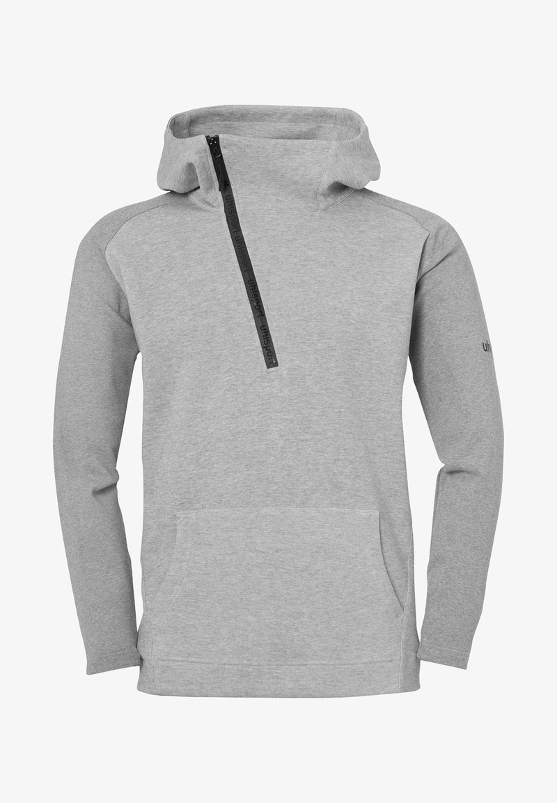 Grijze hoodie met een halve rits, een kangoeroezak en lange mouwen. Heeft een textuurstof en een logo op de mouw voor extra detail.