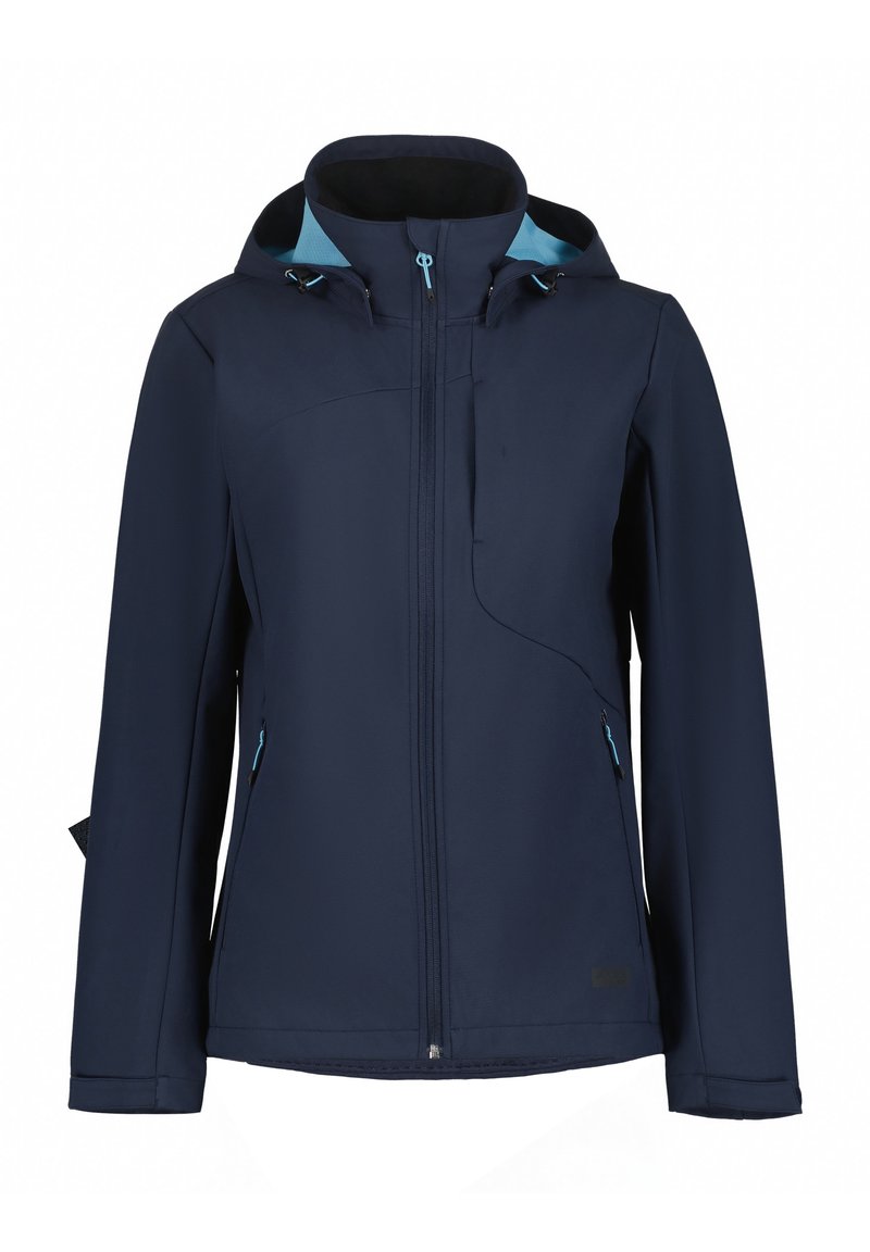 Giacca softshell navy con zip frontale, cappuccio regolabile e dettagli azzurri. Presenta due tasche laterali e una vestibilità strutturata.