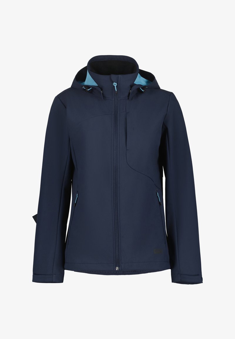 Marineblauer Softshell-Jacke mit durchgehendem Reißverschluss, verstellbarer Kapuze und hellblauen Akzenten. Verfügt über zwei Seitentaschen und einen strukturierten Schnitt.