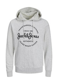 Light gray hoodie made of soft fabric featuring a drawstring hood. Black graphic print on the front with brand name and tagline details.