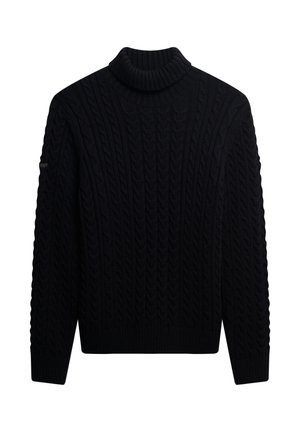 Sort strikket turtleneck sweater med et kabelmønster, der har lange ærmer og ribbestrikkede manchetter og kant. Producentens logo på skulderen.