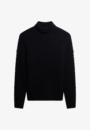 Sort strikket turtleneck sweater med et kabelmønster, der har lange ærmer og ribbestrikkede manchetter og kant. Producentens logo på skulderen.