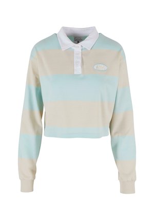 Gekürztes Langarm-Polo-Shirt mit horizontalen hellblauen und beigen Streifen, weißem Kragen, Knopfleiste mit drei Knöpfen und gesticktem Logo.