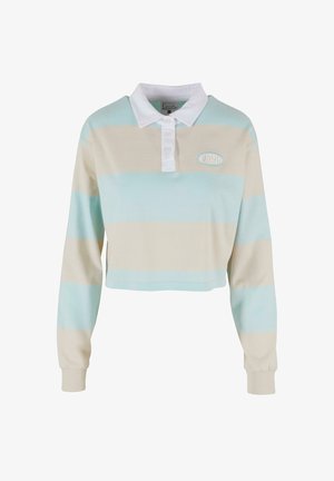Polo-shirt à manches longues coupé avec des rayures horizontales bleu clair et beige, col blanc, patte de boutonnage à trois boutons, et logo brodé.