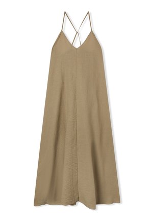 Abito beige in lino con bretelle spaghetti regolabili e silhouette svasata. Presenta una texture arricciata e un design a scollo a V.