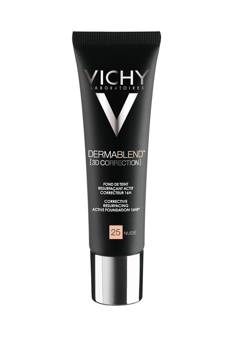 Black squeeze tube with silver cap. Features "Vichy" logo and product name in white and gold text. Label identifies shade "25 Nude."