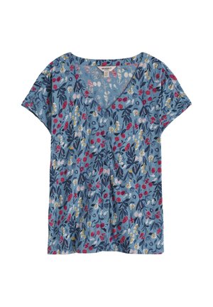 Blouse bleue à manches courtes avec col en V, motif floral multicolore et détails de boutons à l'avant.