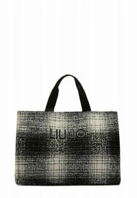 Borsa tote a quadri bianca e nera con manici neri, con il nome del marchio "LIU·JO" ricamato in evidenza sulla parte anteriore.